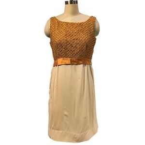 Vintage 1960’s Handmade Waffle Knit Dark Tan Orange & Cream Short Dress